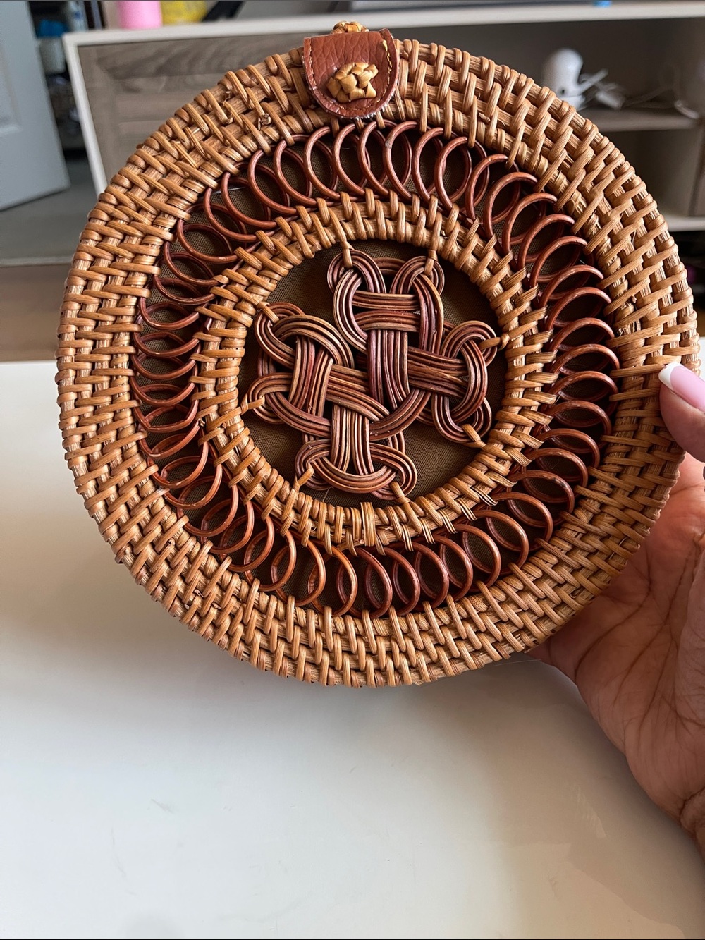 Round Woven Rattan Crossbody Bag - Brown Tan